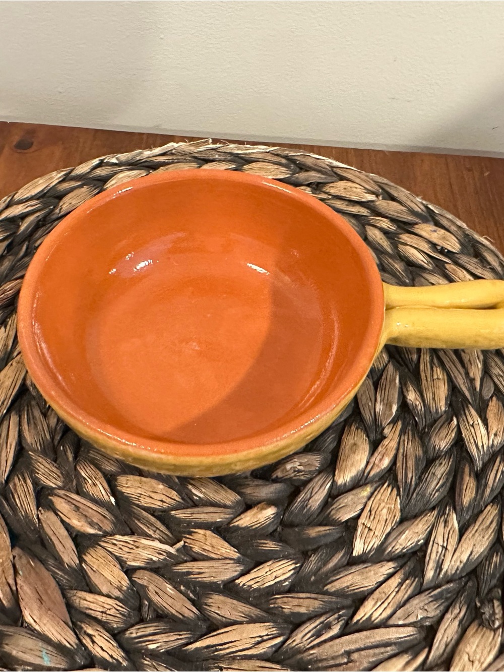 Handmade Orange Ceramic Serving Bowl with Yellow Handle